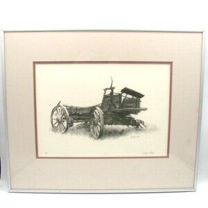 Larry Wollam Artist Signed Old Wagon Drawing Art Decor Matted Framed Vintage '79